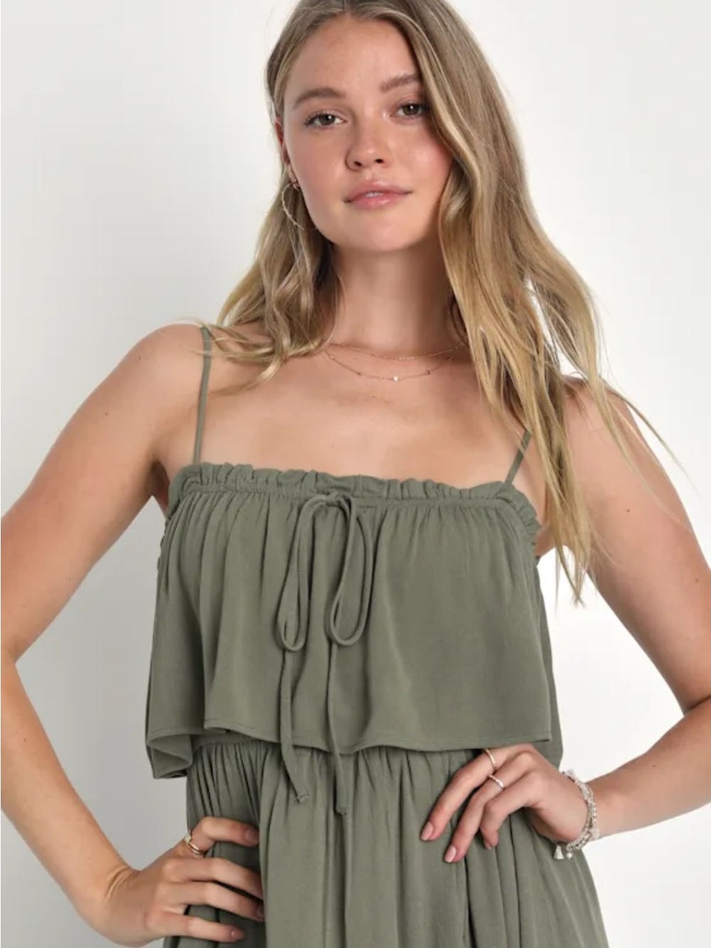 NWT Lulus Sincerely Yours Olive Green Ruffle Midi Dress Size Small Sundress - Picture 4 of 14